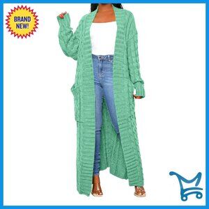 Long Cable Knit Cardigan with Pockets, Loose Fit, Chunky Sweater